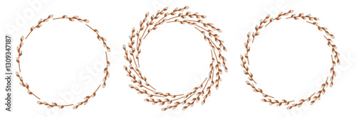 Pussy-willow wreath. Easter frame with Spring branches. Easter decorations, card, banner, poster, element, border with copy space. Flat vector illustration in hand drawn style