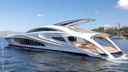 Luxury Modern Yacht on Calm Ocean Waters Futuristic Design Sleek Lines photo