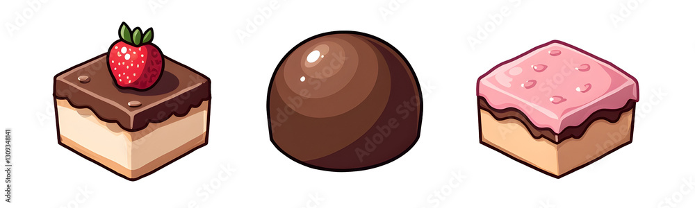 Three delicious desserts: a chocolate-covered square, a chocolate ball, and a pink frosted square, all invitingly arranged., cut out,transparent background Three delicious desserts: a chocolate-covered square, a chocolate ball, and a pink frosted square, all invitingly arranged., cut out,transparent background