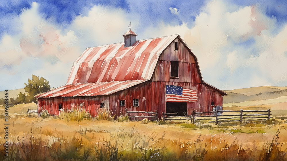Watercolor Red Barn with American Flag: Rural Landscape, Rustic Farm, Patriotic Art, Countryside Scene, Traditional Painting Watercolor Red Barn with American Flag: Rural Landscape, Rustic Farm, Patriotic Art, Countryside Scene, Traditional Painting
