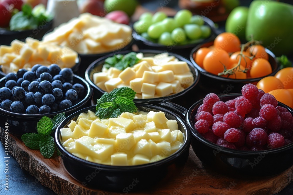 Fruit and cheese platter with assorted fresh fruit and cut cheese cubes served in small black bowls on a wooden board Fruit and cheese platter with assorted fresh fruit and cut cheese cubes served in small black bowls on a wooden board