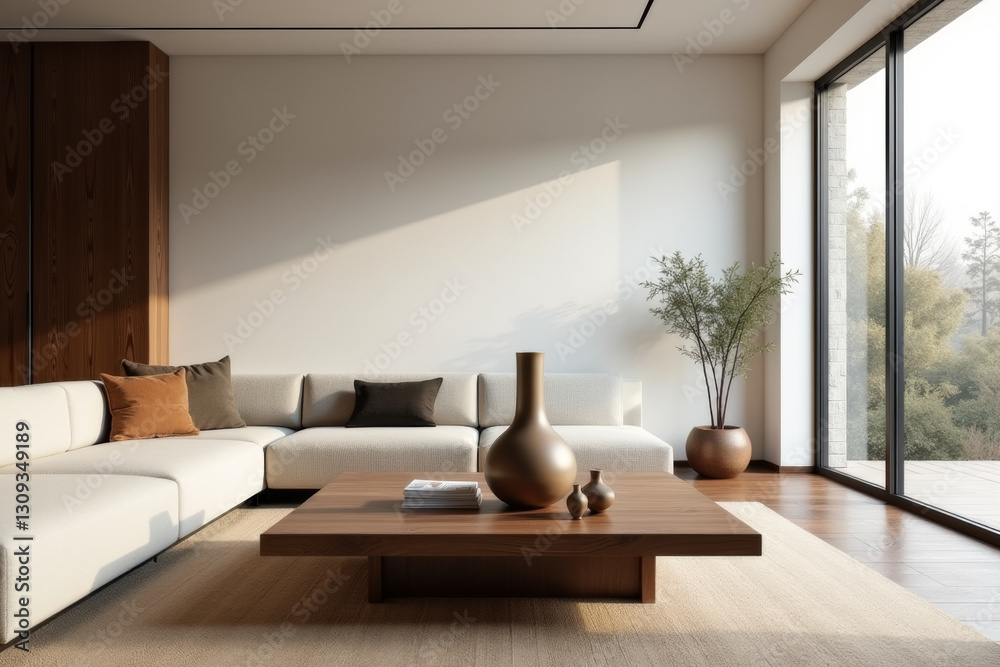 Fototapeta premium A stylish modern mid-century living room with warm tones and minimalist decor .