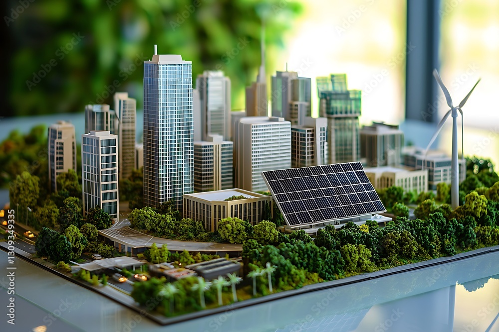 Fototapeta premium A conceptual model a clean energy city featuring renewable energy technologies