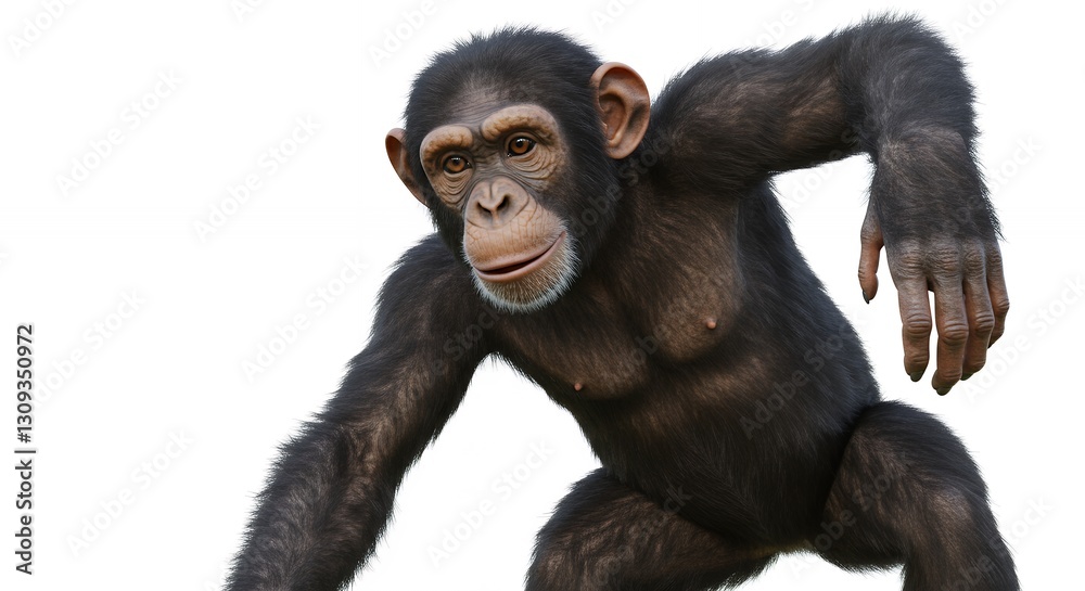 Naklejka premium Chimpanzee Standing with Arm Extended on Isolated White Background Image