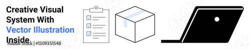 Checklist on clipboard, geometric cube, and laptop representing organization, creativity, and technology. Ideal for productivity, project planning, digital tools, data management innovation