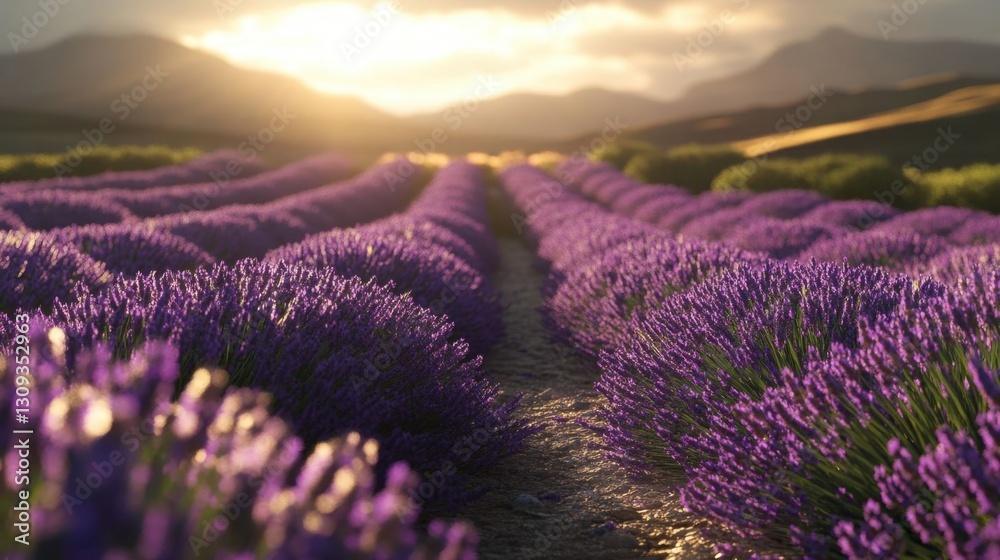 Obraz premium Sunlit pathway in lavender field.