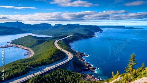 Aerial view of cabot trail along cape breton coast