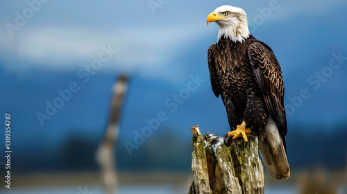 A majestic bald eagle perched on a weathered tree stump against a clear blue sky, symbolizing strength and freedom.