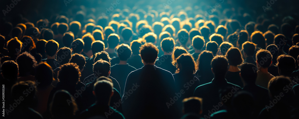 Obraz premium Silhouetted Crowd Standing Together Under Dramatic Lighting Creating Shadows and Depth in a Unified Group Scene