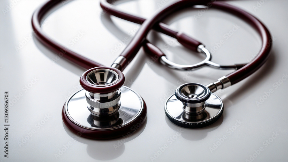Close-up of a professional stethoscope on a medical desk with reflections Close-up of a professional stethoscope on a medical desk with reflections