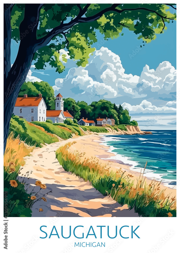 Saugatuck Michigan Poster Illustration Travel Print Decor Gift Paper Canvas Wall Retro Art