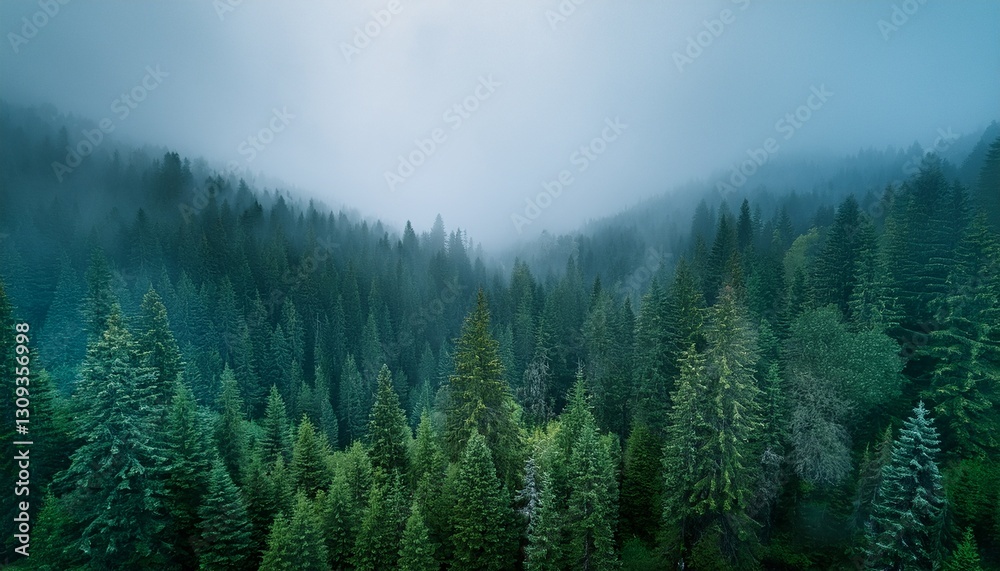 Fototapeta premium Rainy Forest Gradient. Moody misty gray, deep green & soft teal blend. Serene, atmospheric texture. Calming background.