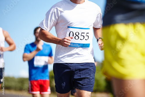 Running, athlete and race number for marathon with endurance challenge, competition and performance. Sports runner, person and bib identity for workout fitness, contest or stamina for cardio exercise