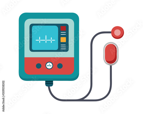 A digital blood pressure monitor displaying readings on a screen, isolated on white background.
