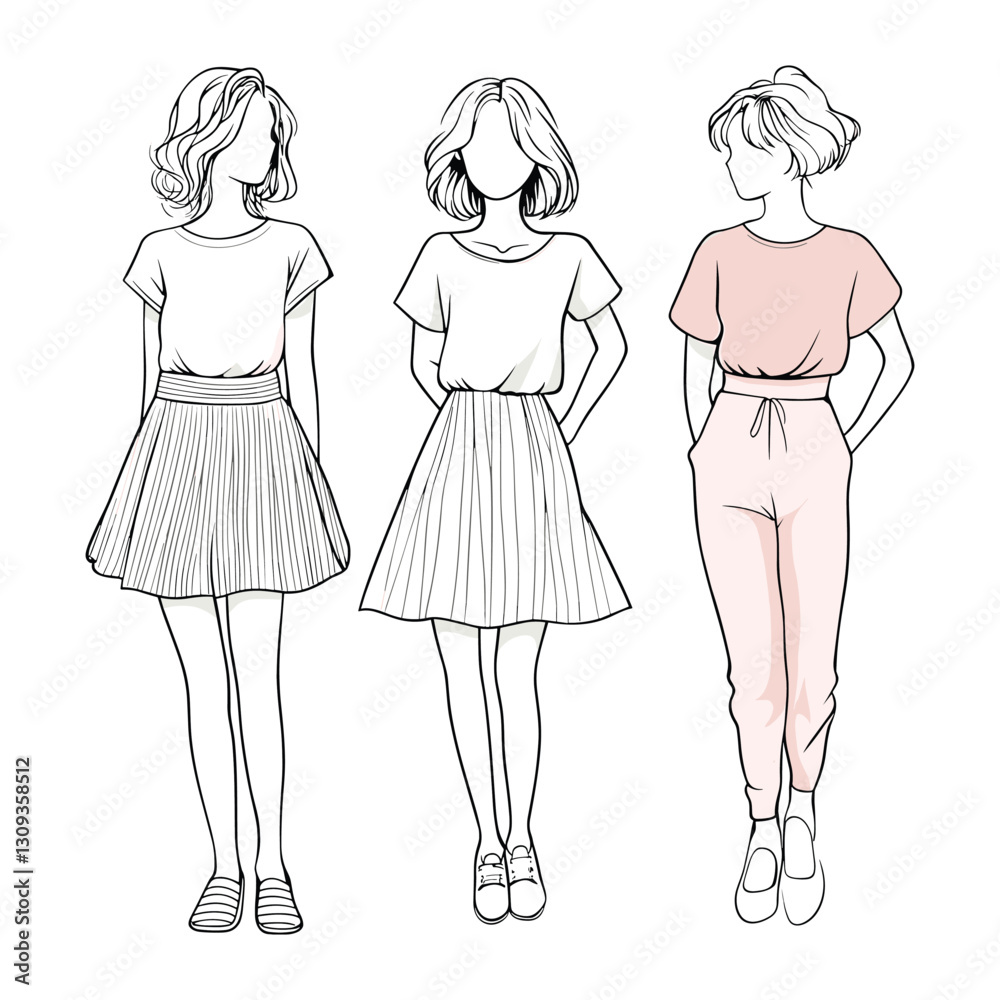 Hand-Drawn Women Standing Together in Elegant Outfits Hand-Drawn Women Standing Together in Elegant Outfits