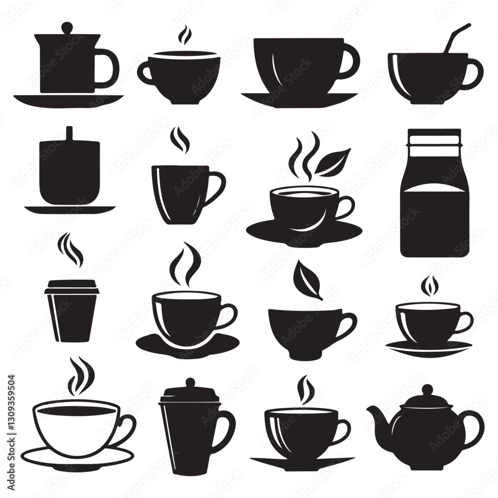 This image features a collection of various coffee and tea cups and mugs, shown in silhouette. This image features a collection of various coffee and tea cups and mugs, shown in silhouette.