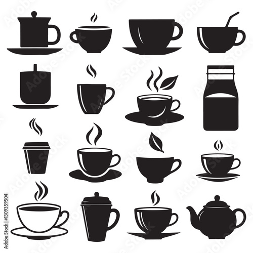 This image features a collection of various coffee and tea cups and mugs, shown in silhouette.
