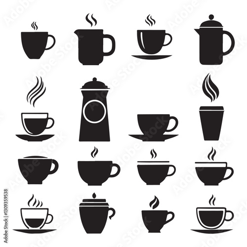 This image features a collection of various coffee and tea cups and mugs, shown in silhouette.