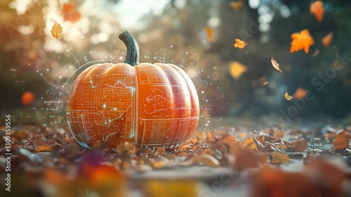 Tech Pumpkin in Autumn Leaves with Falling Leaves Background Futuristic Harvest