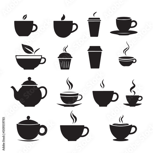 This image features a collection of various coffee and tea cups and mugs, shown in silhouette.