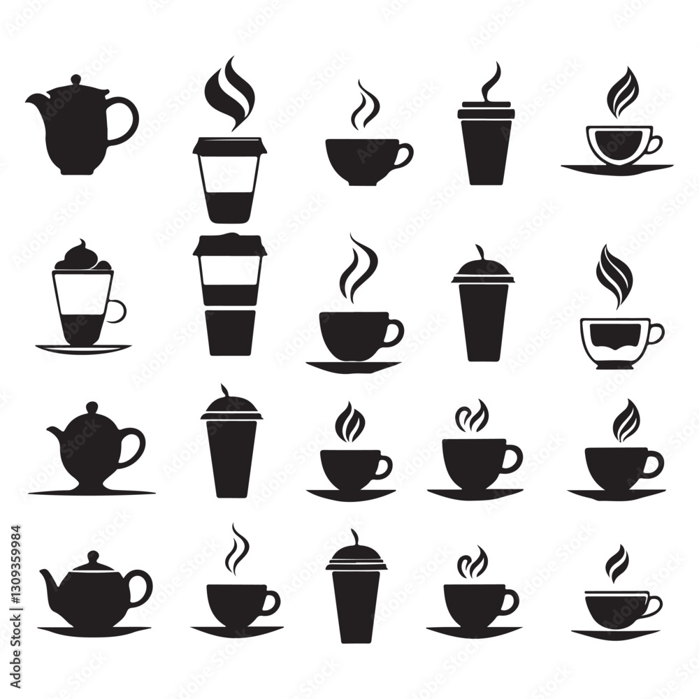 This image features a collection of various coffee and tea cups and mugs, shown in silhouette. This image features a collection of various coffee and tea cups and mugs, shown in silhouette.