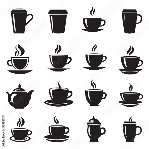 This image features a collection of various coffee and tea cups and mugs, shown in silhouette.