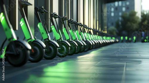 A row of green electric scooters on the street. Environmentally friendly transport