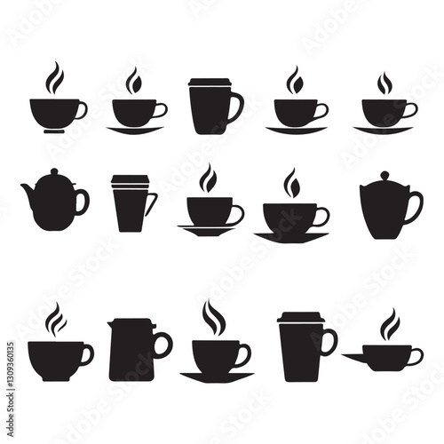 This image features a collection of various coffee and tea cups and mugs, shown in silhouette.