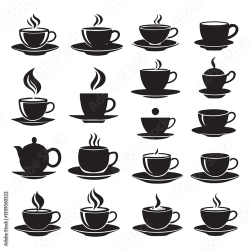 This image features a collection of various coffee and tea cups and mugs, shown in silhouette.