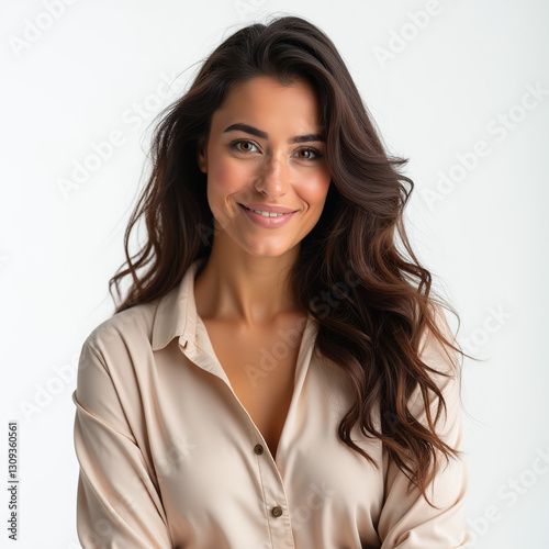 Es una maravillosa oficinista con una hermosa sonrisa. Una mujer bonita con camisa.