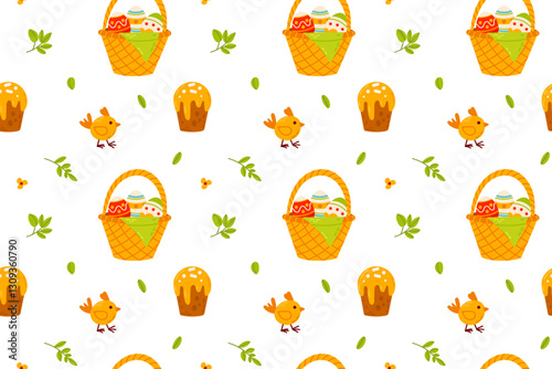 A seamless Easter pattern featuring baskets filled with eggs, traditional festive cakes, and cute little chicks on a white background. Ideal for wrapping paper, fabrics, and festive decor.