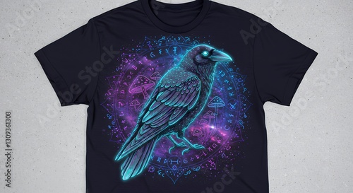 Dark T-shirt Design Featuring Raven with Magical Symbol and Mushrooms photo