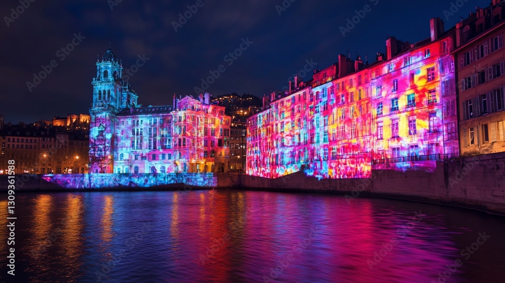 Obraz premium Colorful light show projected on riverside buildings at night