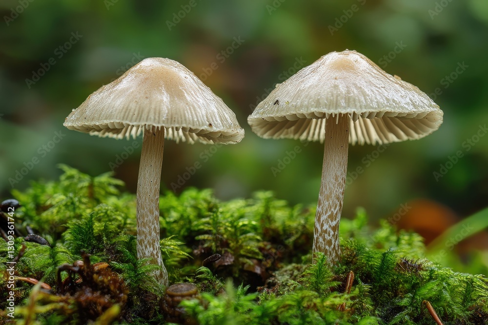 Two small mushrooms growing on a vibrant moss covered surface Two small mushrooms growing on a vibrant moss covered surface