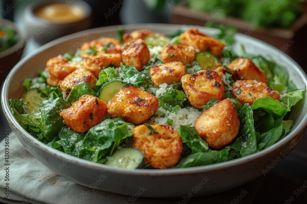 Bowl of fried tofu salad Healthy and satisfying Bowl of fried tofu salad Healthy and satisfying