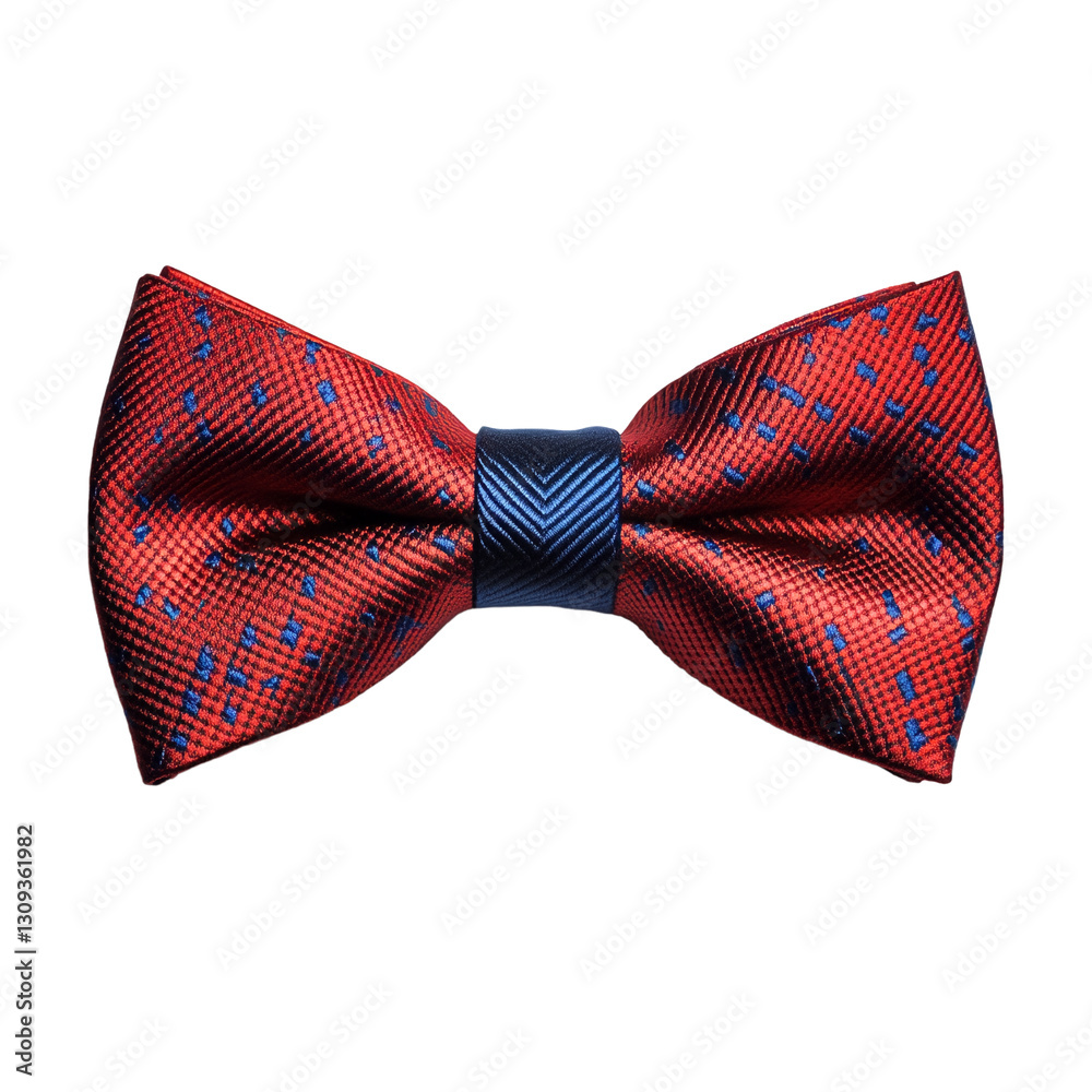 The bow tie is a red and blue patterned accessory. The bow tie is a red and blue patterned accessory.