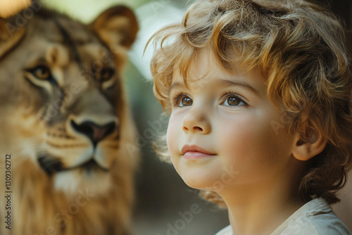 Curious child observing animal in zoo made generative AI photo