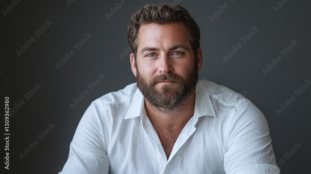 Fototapeta premium close up of a confident man with a beard wearing a white shirt, neutral studio portrait and photography concept