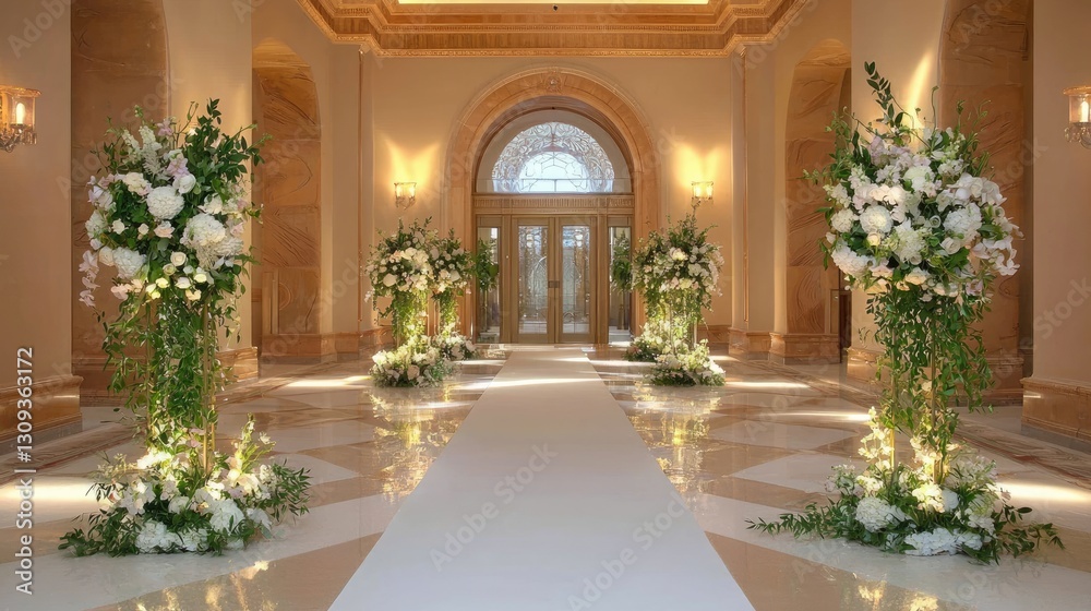 Fototapeta premium Elegant wedding-style hallway with flowers wrapped around grand arches, glowing with soft lighting.