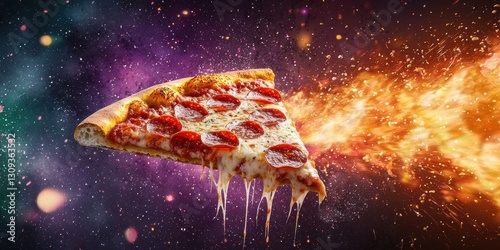 Pepperoni pizza slice flying with cheese stretch in front of a background of glowing color bursts