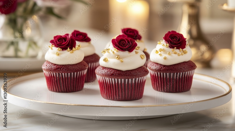 Red Velvet Cupcakes with Cream Cheese Frosting and Rose Garnish Red Velvet Cupcakes with Cream Cheese Frosting and Rose Garnish