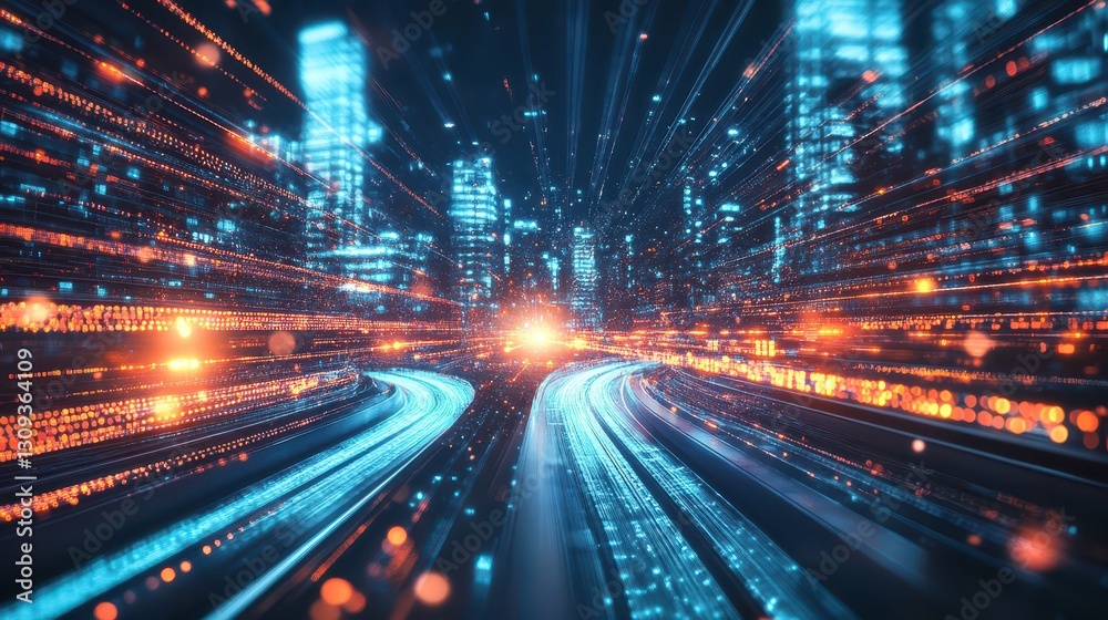 Quantum light waves bending through a futuristic city, AIpowered data transfer and nextgen connectivity Quantum light waves bending through a futuristic city, AIpowered data transfer and nextgen connectivity