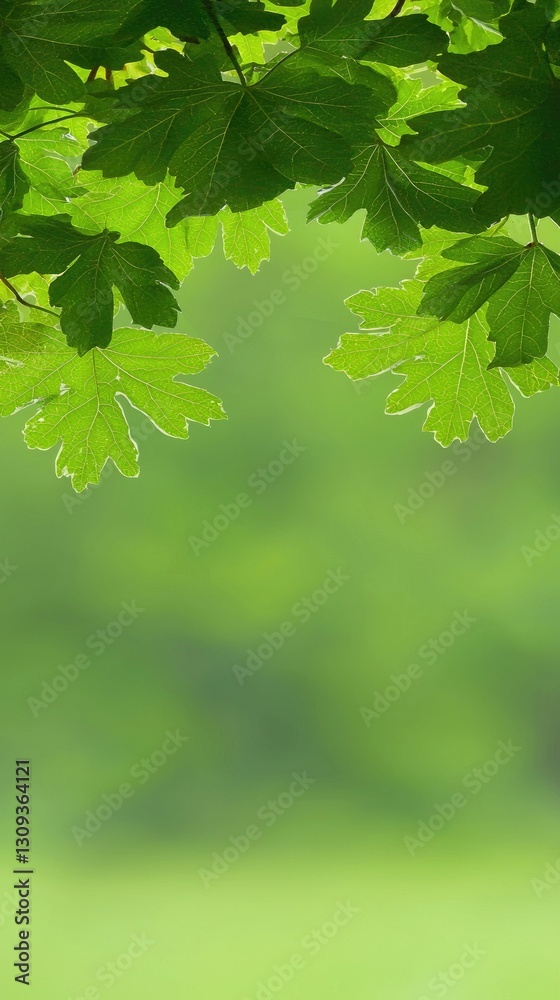 Lush green maple leaves frame a blurred park background, ideal for nature-themed designs Lush green maple leaves frame a blurred park background, ideal for nature-themed designs