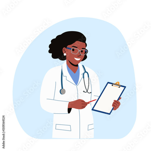 Doctor woman showing clipboard in hands and advices use this copy space.. Vector flat style cartoon illustration