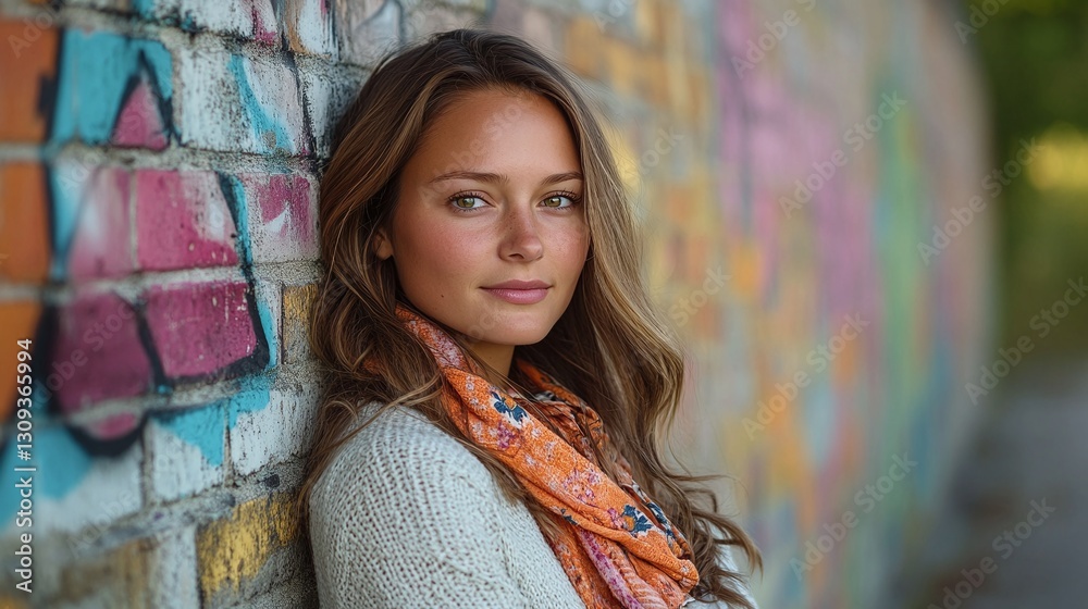 Naklejka premium confident blonde woman standing with arms crossed against a colorful graffiti wall, urban street style portrait concept