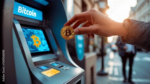 Close-up of bitcoin transaction at urban atm
