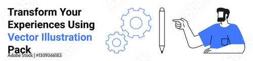 Gear icons symbolize mechanization, pencil represents creativity, and professional figure signifies expertise. Ideal for creativity, innovation, design, teamwork, skills, digital transformation flat