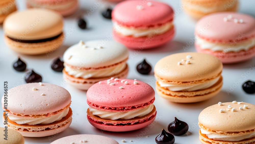 Colorful macarons displayed on a clean white background Colorful macarons displayed on a clean white background