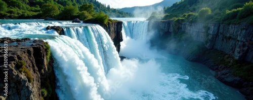 Turbulent water rushes down steep gorge walls, water, waterfall