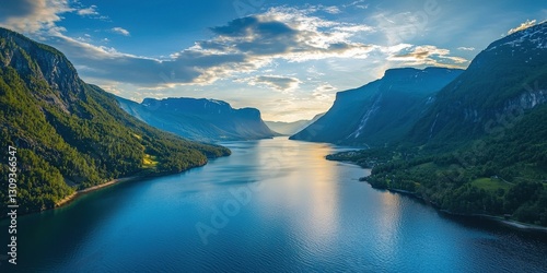 Aerial View Of A Serene Norwegian Fjord At Sunrise